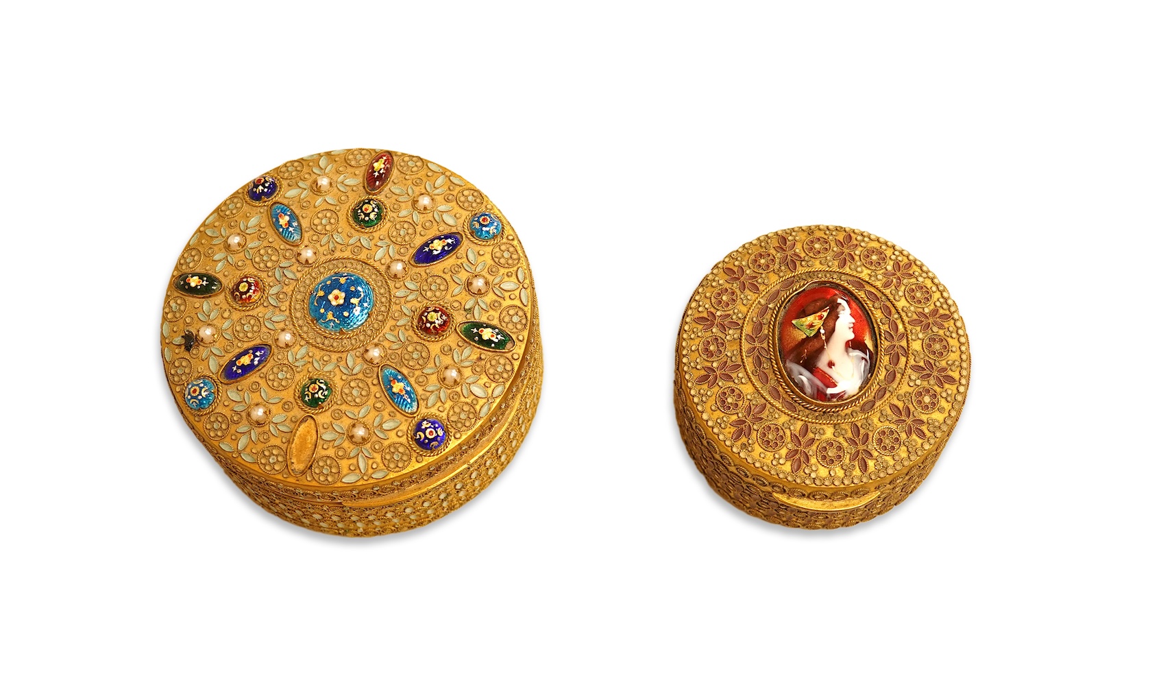 Two Limoges enamel mounted gilt filigree work circular boxes, largest 8cm diameter